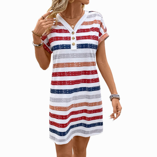 Color Striped Button V-neck Dress